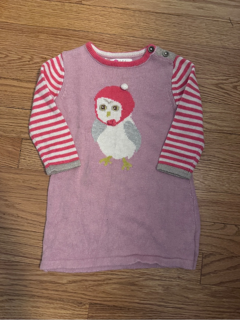 Mini Boden Pink Dress with Striped Sleeves and Owl Motif